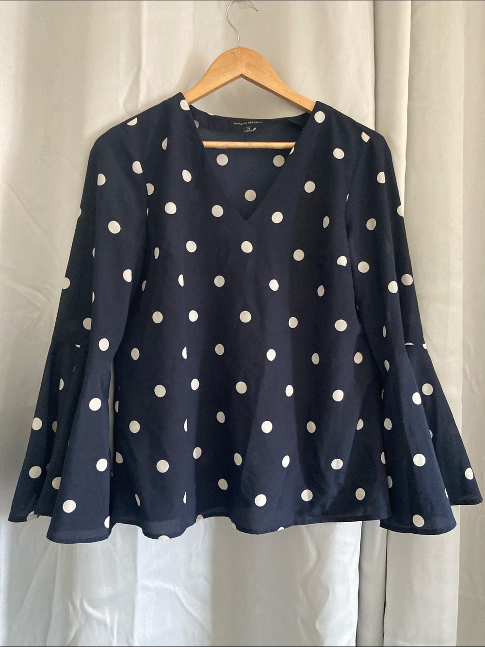 Banana Republic Navy and White Polka Dot V-Neck Bell Sleeve Blouse